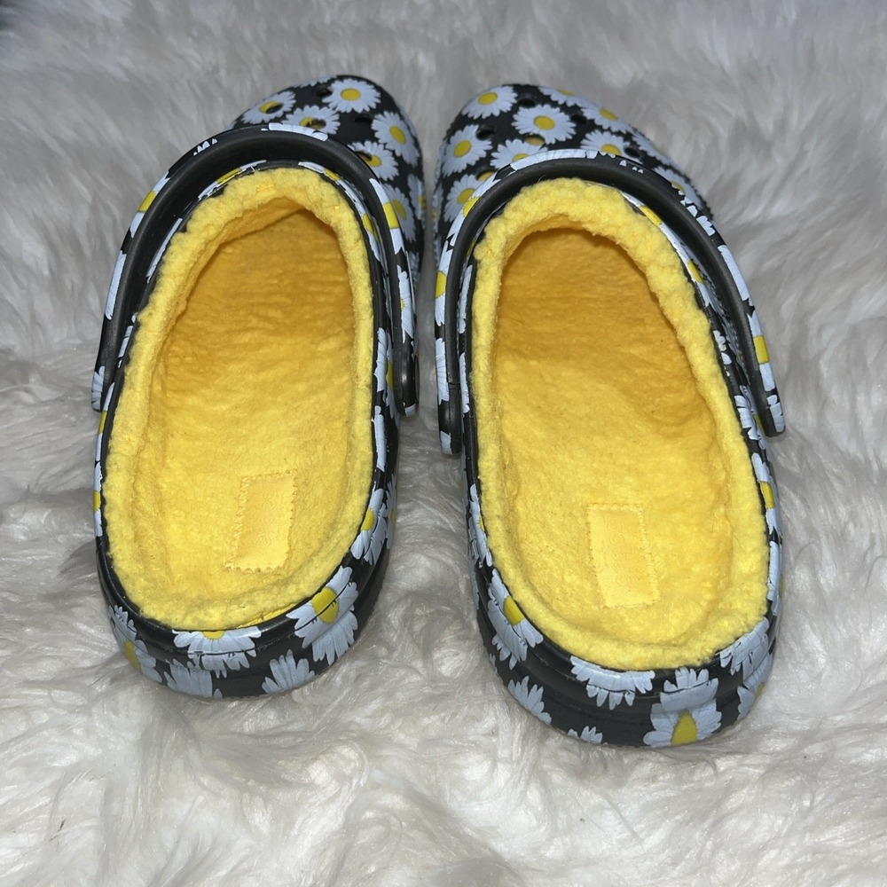 Crocs Classic Clog Shoes Women's 9 Black White Yellow Floral Print Lined Slip On - Picture 5 of 12
